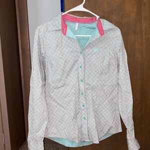 Cinch Mint Green Shirt with Coral Patterned Trim